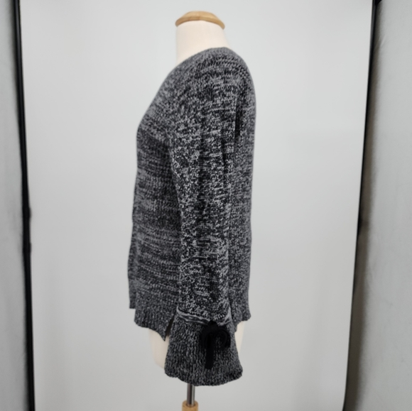Loft Bow Statement Sleeve Sweater Cotton Round Neck Marled Black Knit Large - Picture 4 of 14